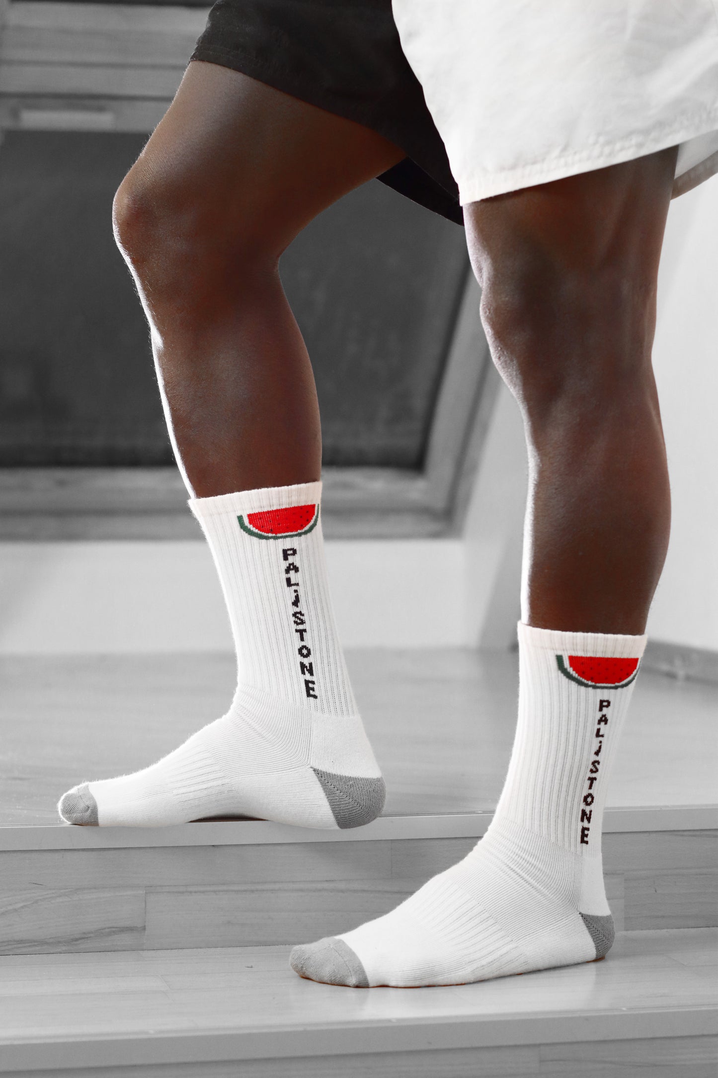 Palestinian socks with black and white watermelon design – Symbol of Palestinian heritage