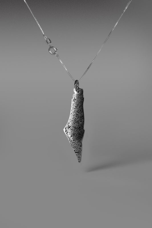 silver 925 Palestine map pendant necklace with all Palestinian cities
	•	handmade silver necklace Palestine map featuring Gaza, Haifa, Jaffa, Nablus, Jenin
	•	Palestinian heritage silver pendant map with detailed city names
	•	silver 925 necklace representing Palestine map with full city engravings
	•	unique silver pendant showing all major Palestinian cities on map
