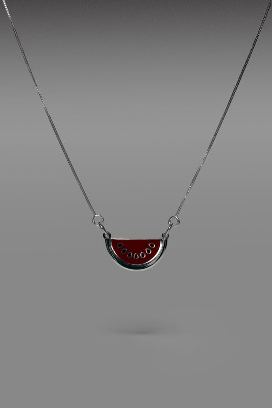 •	silver 925 Palestine half watermelon pendant necklace
	•	handmade silver necklace representing Palestine half watermelon
	•	Palestinian heritage silver pendant half watermelon design
	