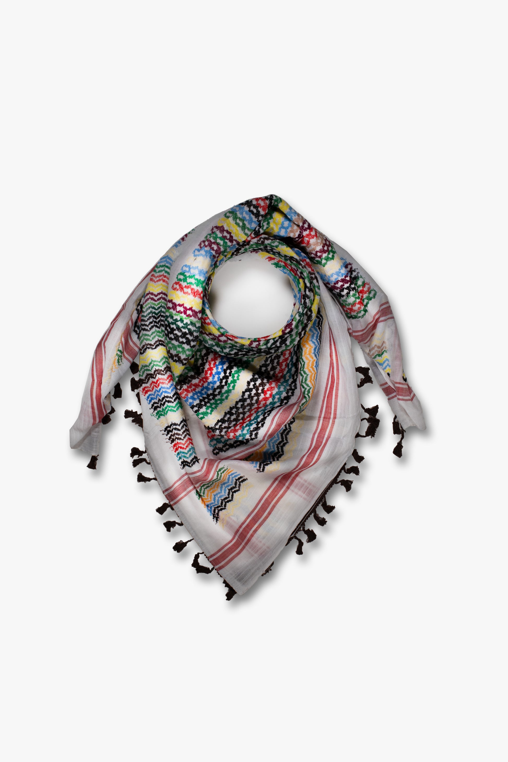 kufiya = keffiyeh = traditional square scarf
strong association with Palestinian identity and heritage