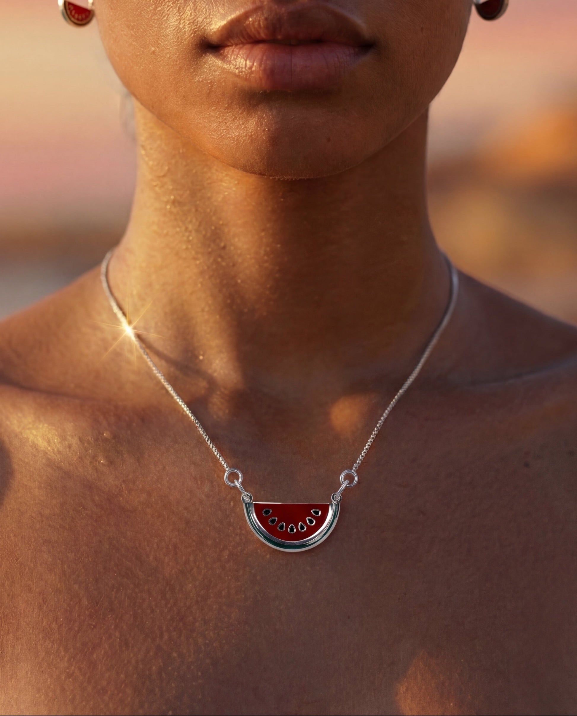 •	unique silver necklace silver half watermelon symbol Palestine
	•	silver 925 pendant shaped like half of a Palestine watermelon