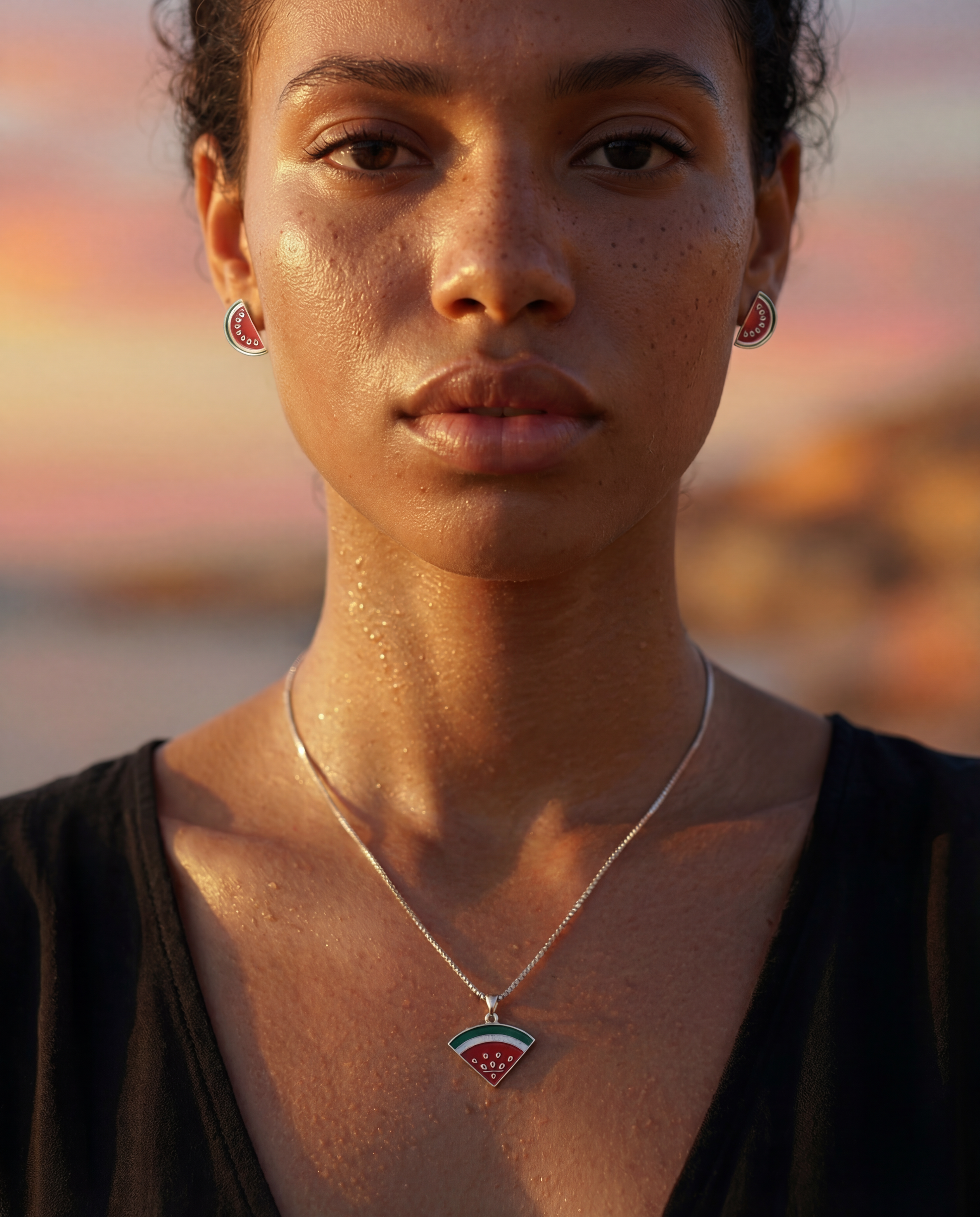 •	unique silver necklace Palestine symbol watermelon design
	•	silver 925 pendant shaped like Palestine watermelon slice
